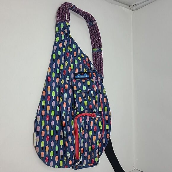 KAVU Crossbody Backpack Sling Rope Blue Multicolor Popsicle Ice Cream Print - Picture 1 of 10